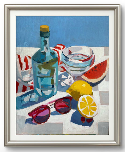 Melon, sunglasses, watermelon and gin bottle